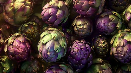 Obraz premium Colorful Pile of Artichokes on Dark Background