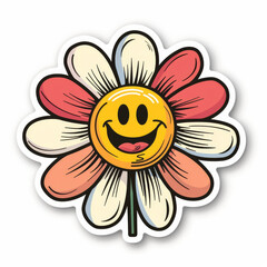 Sticker, cartoon and drawing of flower with emoji of smiley face for marketing, advertising and decoration on white background. Creative, plant and illustration with happy expression for doodle art
