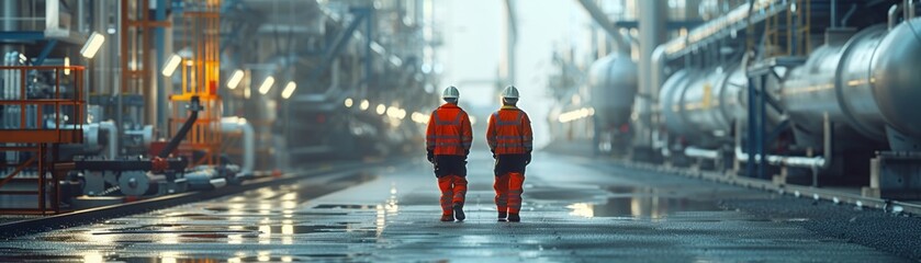 Workers inspecting hydrogen gas storage facility, safety gear in use  - obrazy, fototapety, plakaty