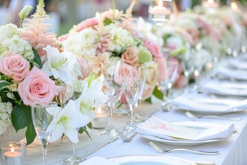 Obraz na płótnie Canvas an elegant wedding reception scene with a long table adorned with white linen, featuring a delicate arrangement of pink and white flowers