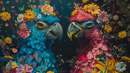 A beautiful painting of two parrots made of flowers.
