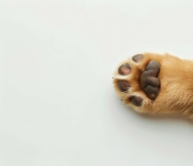 Golden retriever puppy paw on white background flat lay with space for text