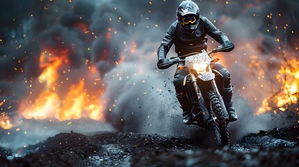 Daredevil Rider Conquers Fiery Trail. Concept Extreme Sports, Mountain Biking, Trail Blazing, Adrenaline Junkies, Fearless Riders - obrazy, fototapety, plakaty