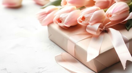 Elegant pink tulips arranged on a gift box with a satin ribbon, set against a soft, textured white background, embodying sentiments of appreciation and celebration.
