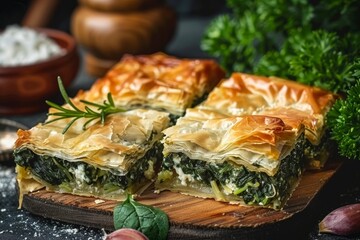 Greek homemade spinach pastry made with feta spinach eggs and phyllo dough - obrazy, fototapety, plakaty