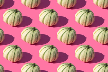 Repeating pattern of green striped pumpkin on a pink background