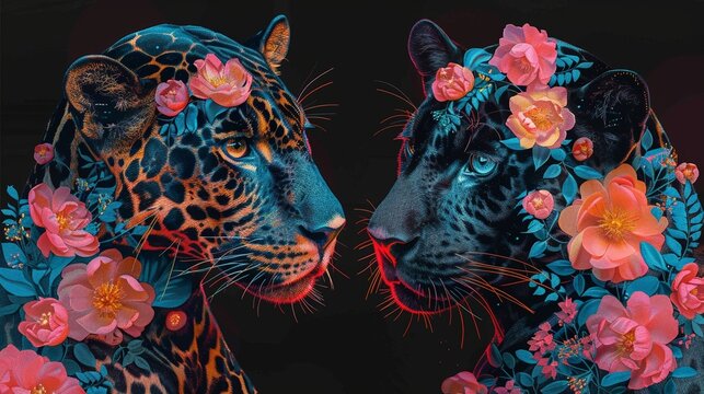 Two black panthers with pink flowers on their heads facing each other