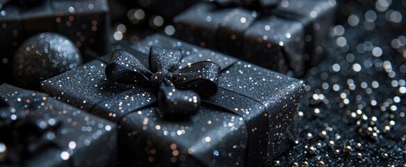 Black glitter background with subtle silver sparkles, offering a sophisticated and modern look for gift wrapping. Fathers day celebration