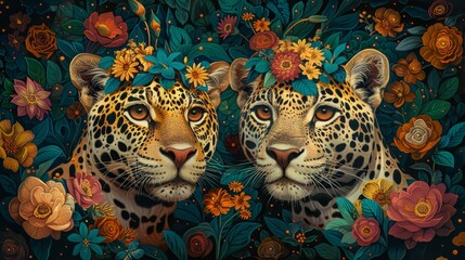 Two jaguars with flower crowns made of orange, yellow, white, and blue flowers. The jaguars are surrounded by a dark background with brightly colored flowers and leaves. - obrazy, fototapety, plakaty