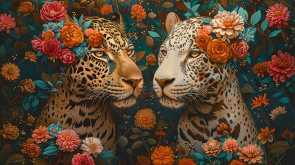 Fototapeta na wymiar Two jaguars with flower crowns, staring at each other, with a dark floral background.