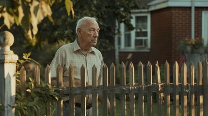 an old man standing behind his short fence in a suburban neighborhood