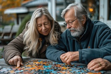 A couple sits together on their backyard patio, engrossed in a lively conversation as they work on a jigsaw puzzle, their faces lit up with joy and camaraderie as they bond over this relaxing hobby