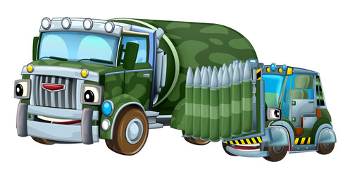 cartoon scene with two military army cars vehicles with forklift theme isolated background illustration for children - 788047318