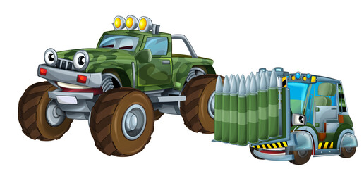 cartoon scene with two military army cars vehicles with forklift theme isolated background illustration for children - 788047339