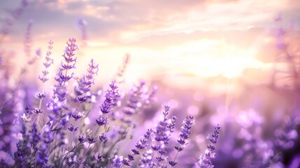 Violet lavender field in Provence in selective focus. Lavender flowers at sunset, wide landscape for banner. Panoramic landscape with blooming lavanda.