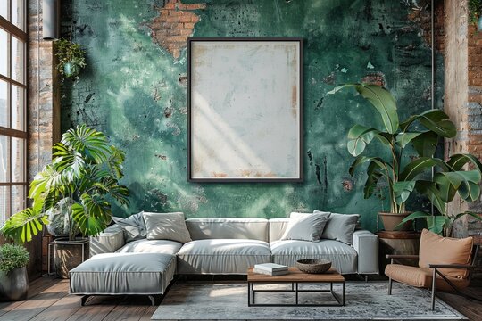 a single vertical ISO frame mockup A mockup poster on the living room wall, paper size, with reflected glass. interior model. Background of an apartment. Japanese modern interior design. 3D model