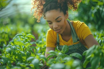 woman practices gardening, finding solace and rejuvenation in the simple act of nurturing plants, against a backdrop of clear skies and sunlight filtering 
 - obrazy, fototapety, plakaty