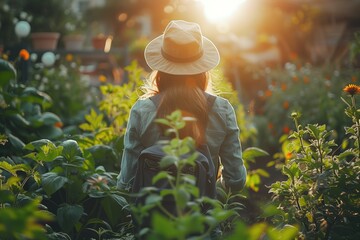 woman practices gardening, finding solace and rejuvenation in the simple act of nurturing plants, against a backdrop of clear skies and sunlight filtering 
 - obrazy, fototapety, plakaty