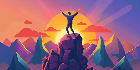 Man standing on top of mountain at sunset over difficult obstacles success, abstract colorful illustration.