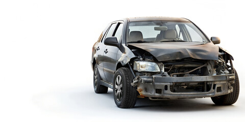 Front of black color car  crash accident  isolated on white background. protect, car destroyed, insure, broken, damaged, copy space, life insurance, 3d rendering