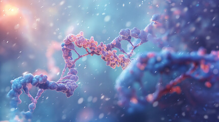 An illustration showing the process from DNA unwinding to RNA transcription and ending in protein synthesis, enhanced by natural lighting. , natural light, soft shadows, with copy - obrazy, fototapety, plakaty