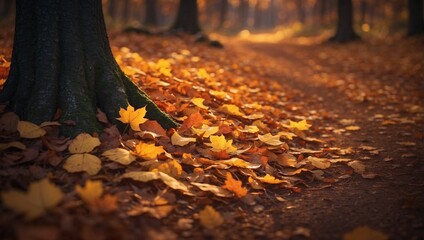 Glowing autumn leaves illuminate the dark forest 