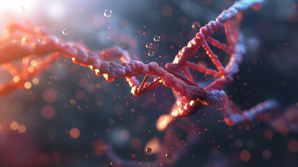 A 3D render of DNA transitioning into RNA and proteins, with natural light creating realistic shadows on the molecular models. , natural light, soft shadows, with copy space - obrazy, fototapety, plakaty