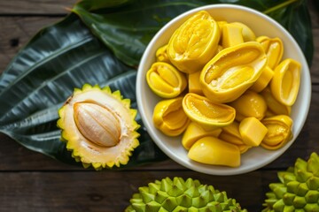 Half of fresh jackfruit and leaf on wooden table in white dish