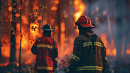  firefighters face a raging house fire, their silhouettes set against the ferocious flames and smoke, underlining their courage and the intensity of the emergency.
 - obrazy, fototapety, plakaty