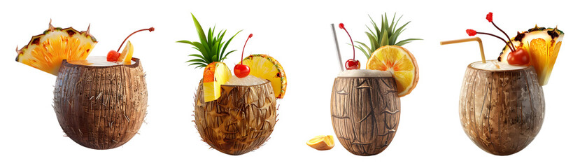 3D Rendering Pack of a Coconut with Straw on Transparent Background - Ai Generated