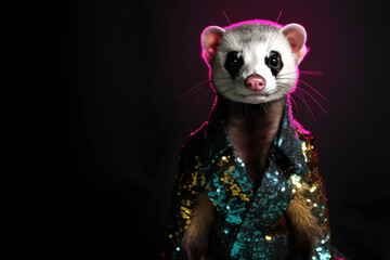 Creative animal concept. Ferret in disco neon glitter glam shiny glow sequin outfit, copy text space. commercial, editorial advertisement party invitation invite, surreal	