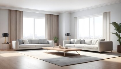 Naklejka na ściany i meble 3d render of modern living room with sofa on wooden floor, Empty wall with large window on nature background.