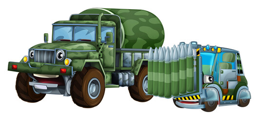 cartoon scene with two military army cars vehicles with forklift theme isolated background illustration for children - 788048577