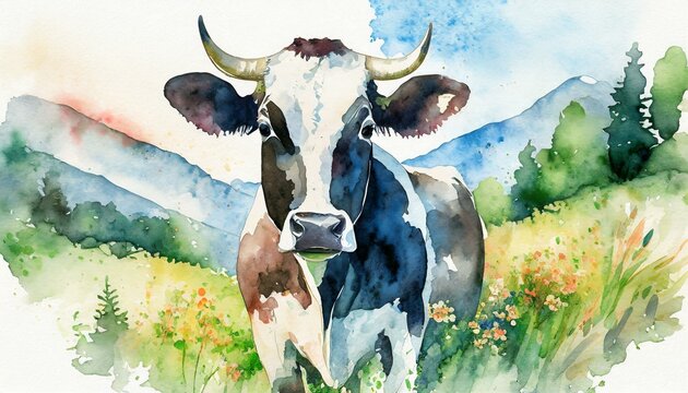 a cow in nature in watercolor art style