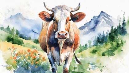 a cow in nature in watercolor art style - obrazy, fototapety, plakaty