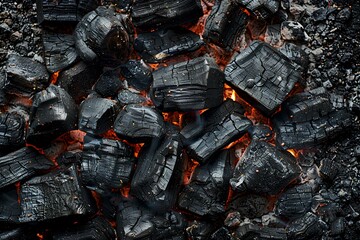 Fototapeta premium A pile of coal sitting on top of a fire pit filled with coal and coal chunks on top of a black