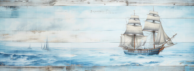 Sailing ship mural on faded blue and white wooden plank wall. - obrazy, fototapety, plakaty