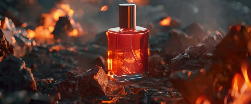 High-end perfume, fiery volcanic essence, molten lava and black rock, photorealistic