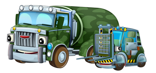 cartoon scene with two military army cars vehicles with forklift theme isolated background illustration for children - 788049338