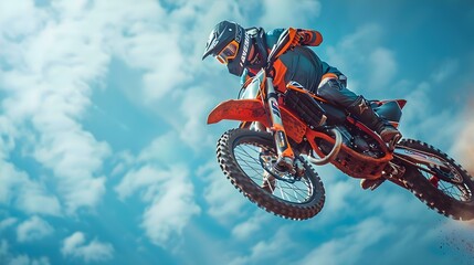High-Flying Motocross Action Against a Cloudy Sky. Concept Motocross Stunts, Cloudy Sky Background, Extreme Sports Photography