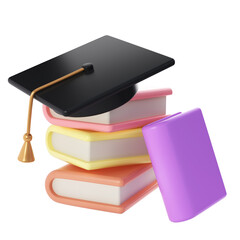 3D Stack of Closed Books and university or college black cap graduate Icon. Render Education or Business Literature. E-book, Literature, Encyclopedia, Textbook Illustration - 788049506