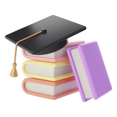 3D Stack of Closed Books and university or college black cap Icon. Render Educational or Business Literature. E-book, Literature, Encyclopedia, Textbook Illustration