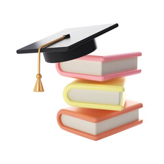 3D Stack of air Closed Books and university or college black cap Icon. Render Educational or Business Literature. E-book, Literature, Encyclopedia, Textbook Illustration