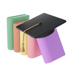 3D Closed Books and university or college black cap Icon. Render Educational or Business Literature. E-book, Literature, Encyclopedia, Textbook Illustration
