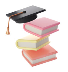 3D Stack of Closed Books and university or college black cap graduate Icon. Render Education or Business Literature. E-book, Literature, Encyclopedia, Textbook Illustration