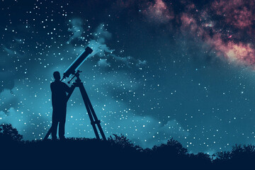 Astronomer's Silhouette: Silhouette of an astronomer observing the night sky with a telescope, tech style - obrazy, fototapety, plakaty
