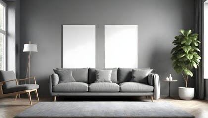 Living room in gray and black colors. Blank empty dark room interior. Design in minimalist style. Graphite modern sofa and herringbone beige accent. 3d render 