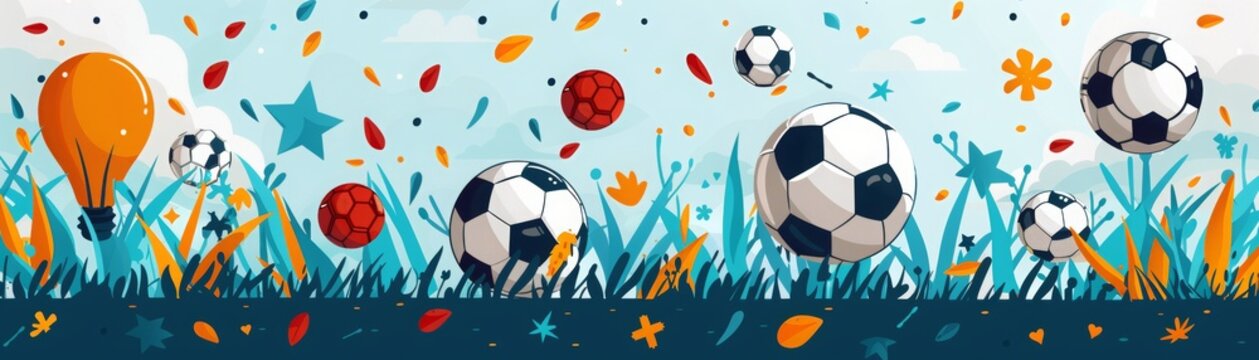 Artistic illustration of soccer balls bouncing in a field with a large light bulb, symbolizing creativity and sports.
