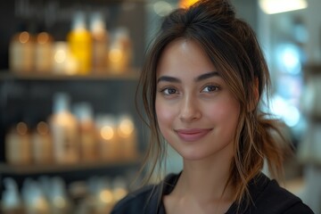 Satisfied and happy brunette female client with short hair on hairstyle in a beauty salon