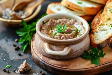 Homemade chicken liver pate in bowl with bread selective focus